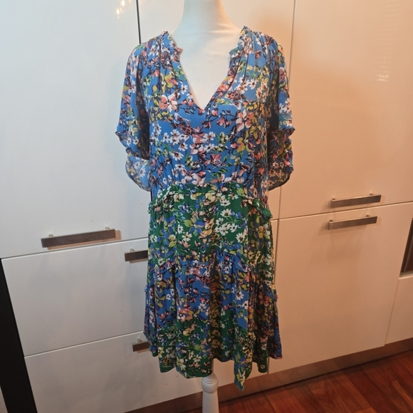 Anthropolgie Robin Tiered Ruffled Mini Dress Blue Green Womens Large - Picture 3 of 12